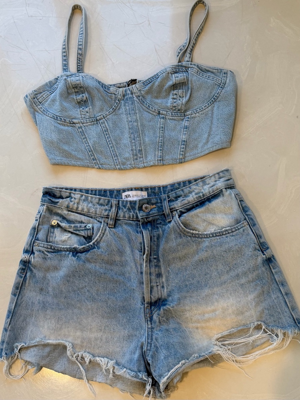 Zara Light Blue Denim Bustier Top and Wash Cropped jeans SET